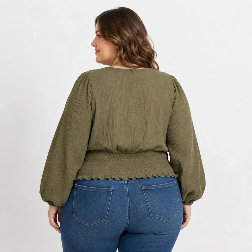 Madewell Smocked Wrap Top Womens 2X Green Cotton Gauze‎ Puff Sleeve Julianne
